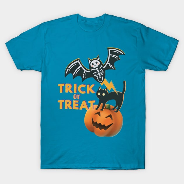 Trick Or Treat Bat And Cat Funny T-Shirt by Persius Vagg